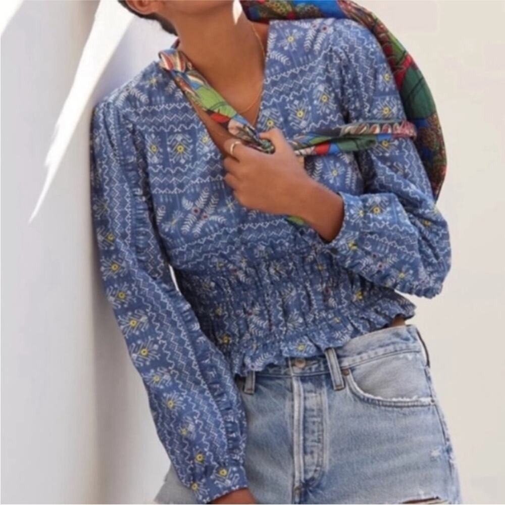 NEW ANTHROPOLOGIE FOREVER THAT GIRL Blue White Floral Smock VNeck Blouse Top XS - Picture 12 of 13